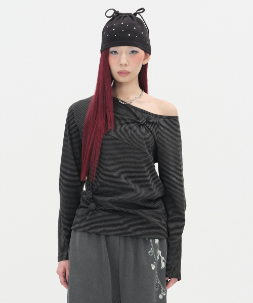 Striped Seam Button Top [Black]