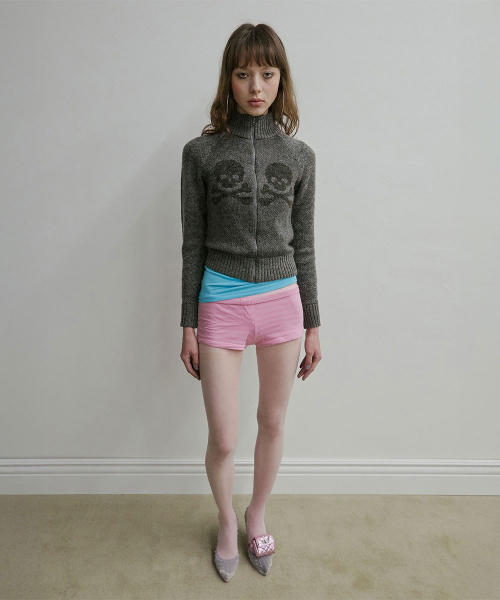 Skull Zip-Up Sweater Melange Gray