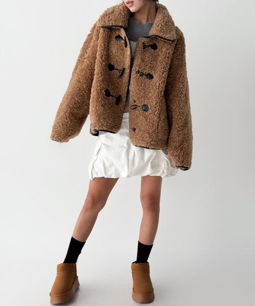FAUX Teddy Bear Oversized Toggle Jacket [Beige] thumbnail 5
