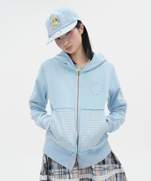 Washed Rhinestone Zip Hoodie [Blue]