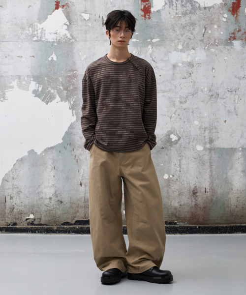 Лонгслив в полоску Henley с боковыми пуговицами (Brown)