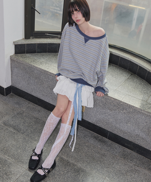 полосатый Off-Shoulder рубашка синий