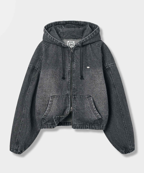 Худи на молнии 2WAY semi-cropped faded_denim vintage Black