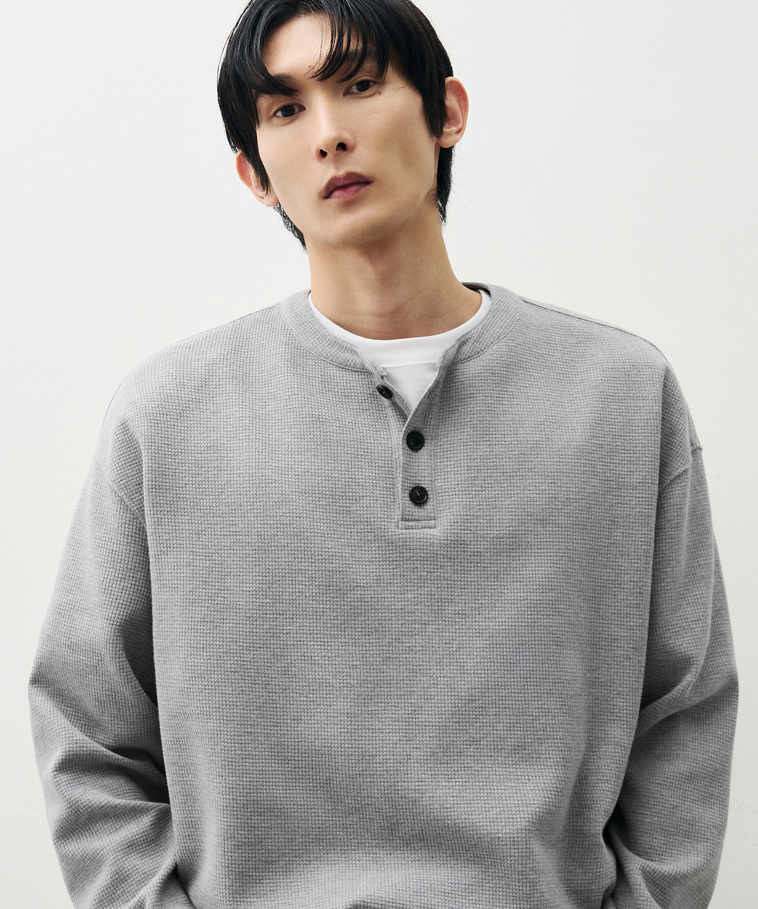 COTTON WAFFLE HELYNECK LONG SLEEVE T-SHIRT [MELANGE]