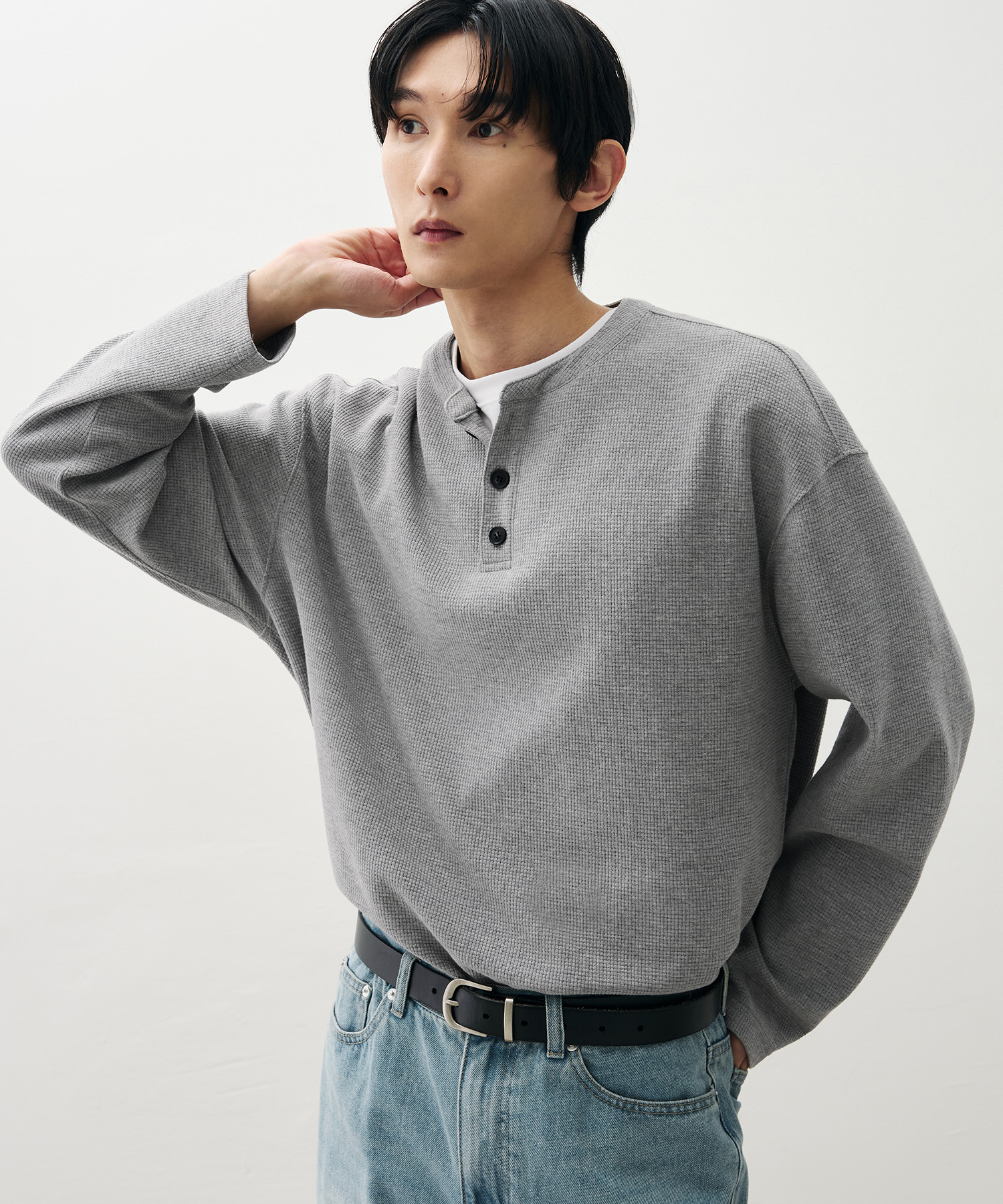COTTON WAFFLE HELYNECK LONG SLEEVE T-SHIRT [MELANGE]