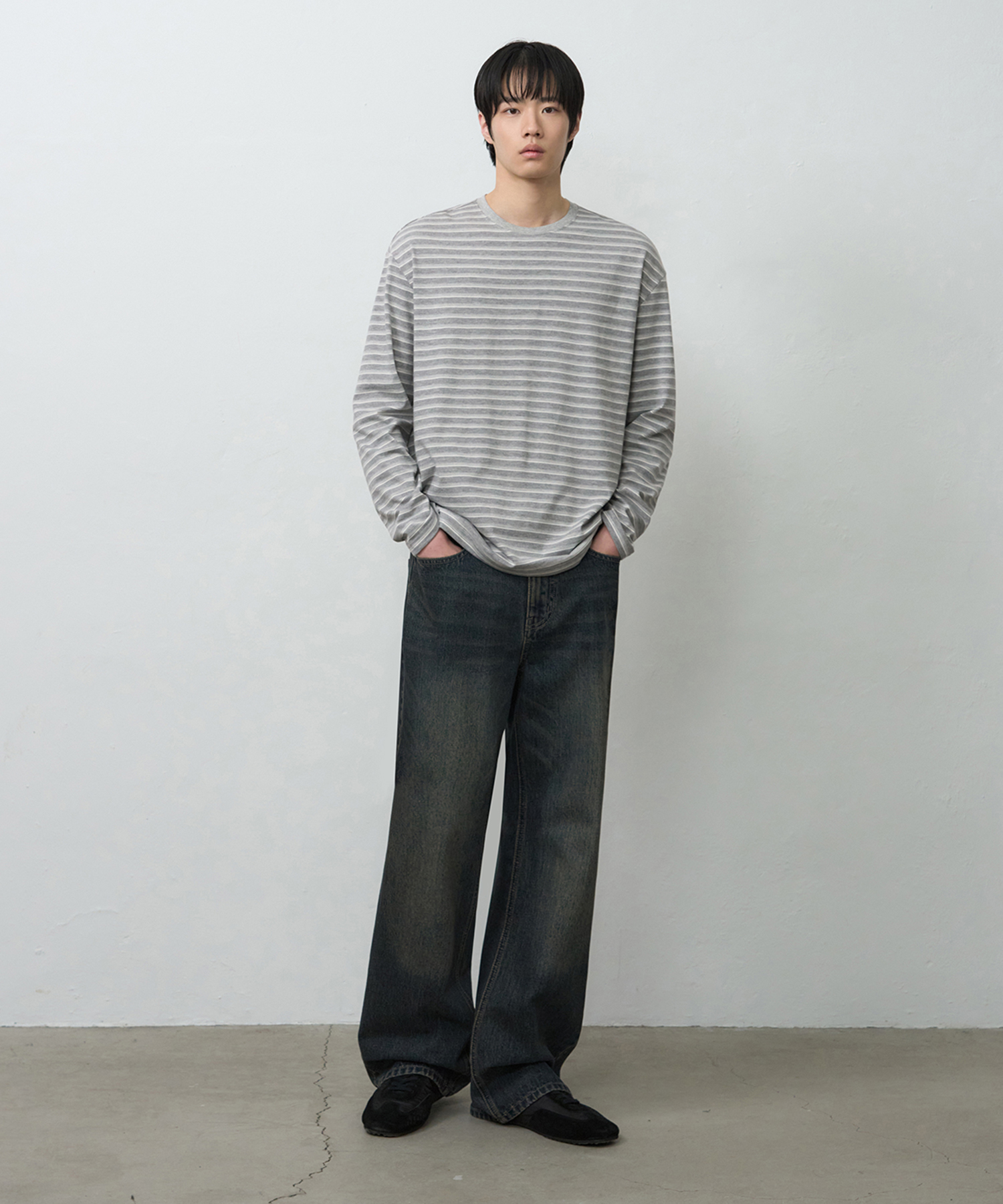 CONTRAST MULTI STRIPE LONG SLEEVE [MELANGE серое]