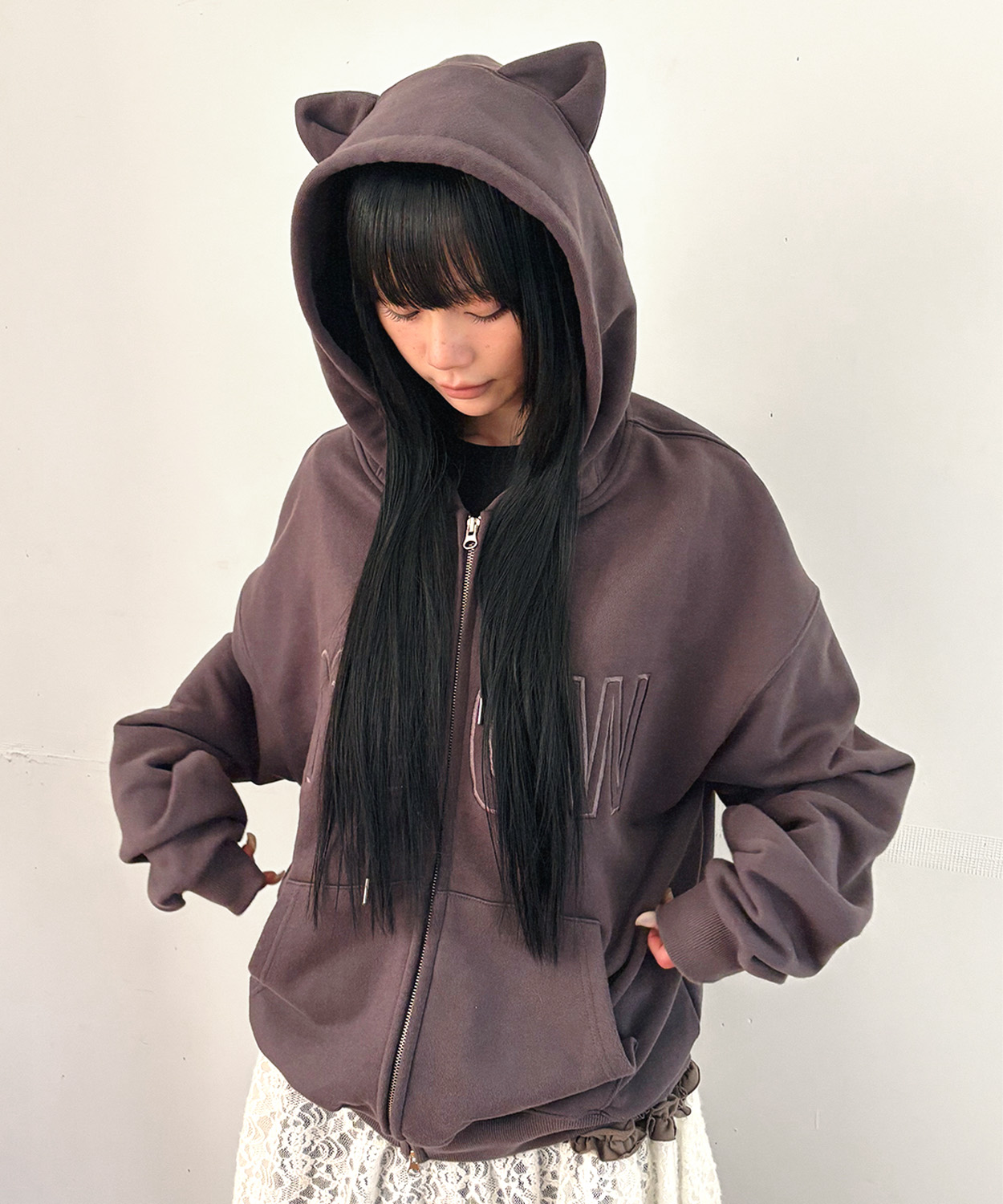 MEOW CAT EAR худиIE ZIP UP - угольный