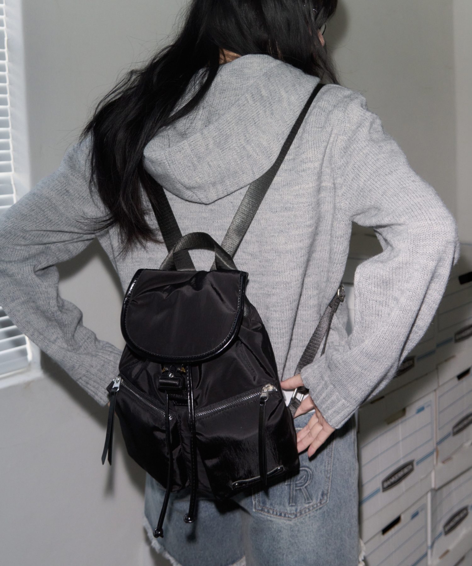 Glossy Nylon Bucket Mini Backpack [BLACK]