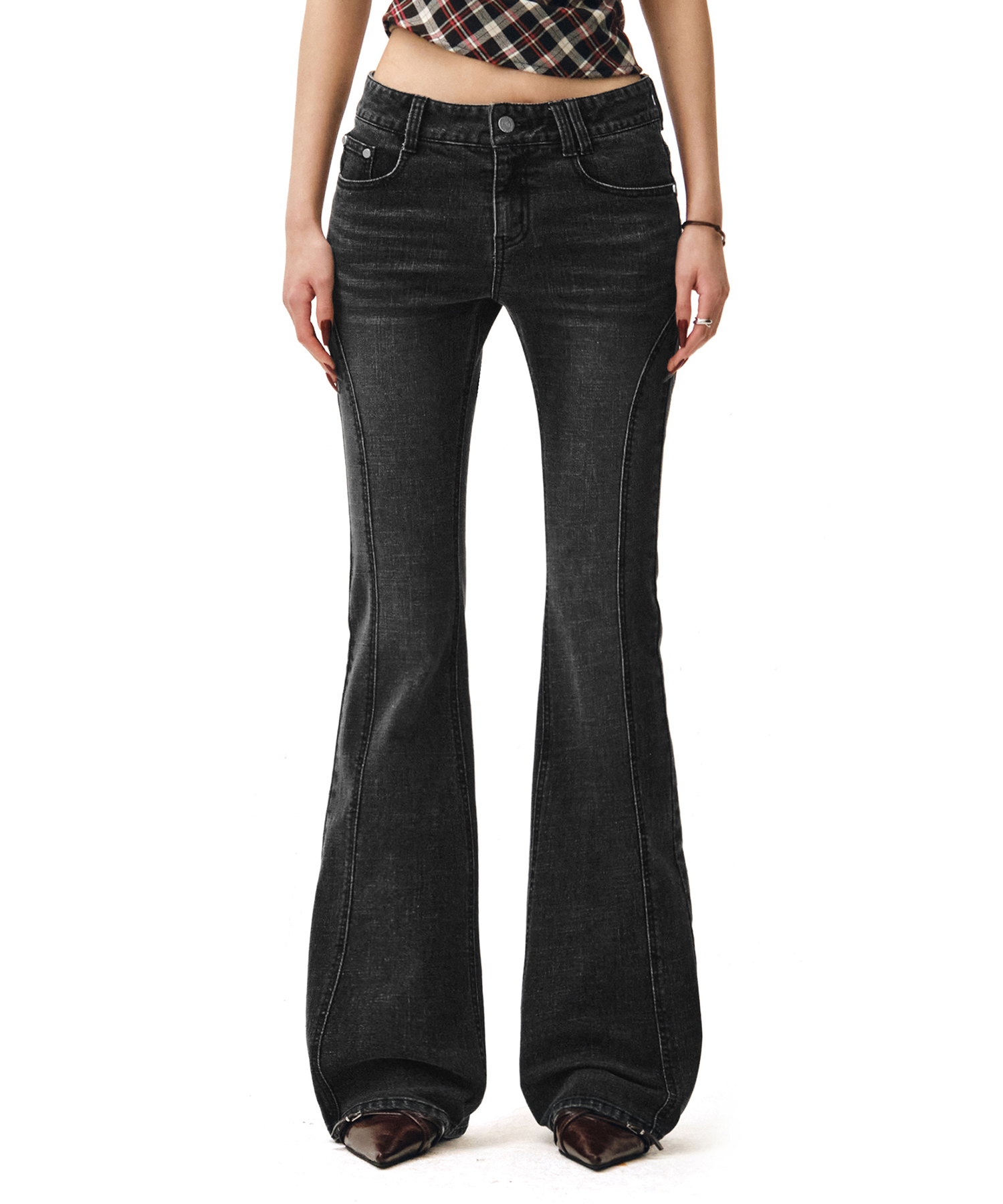 Zip Pocket Slim Low Rise Flared Jeans DCWPT021BLACK
