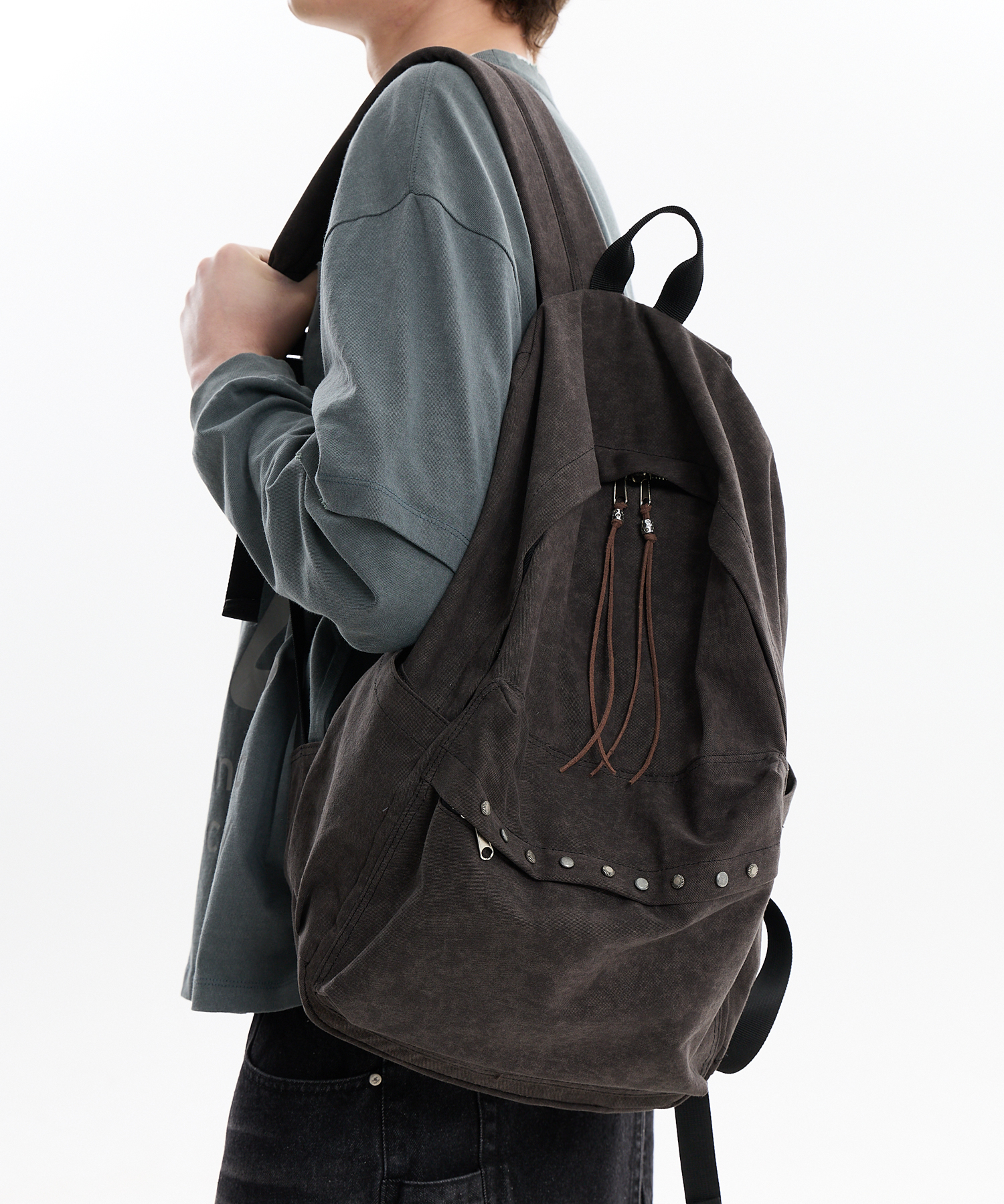 Stud Washed Beads String Backpack DARK BROWN