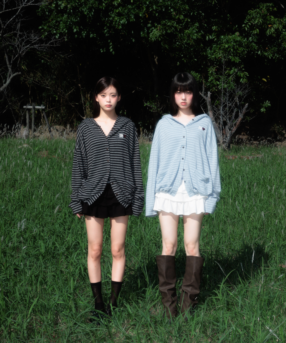 Stripe Heart Hood Cardigan [Sky Blue]