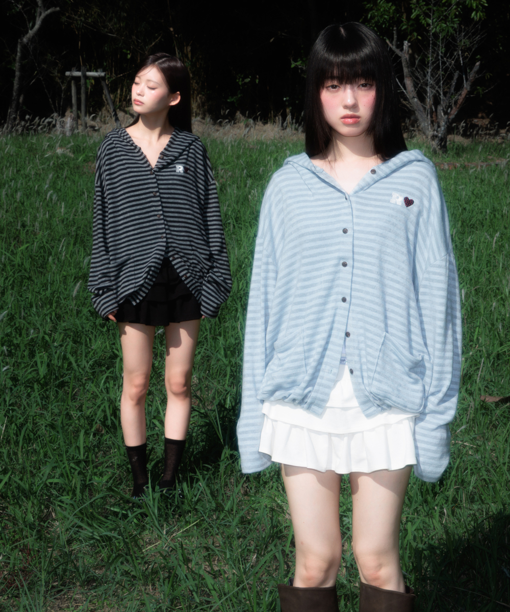 Stripe Heart Hood Cardigan [Sky Blue]