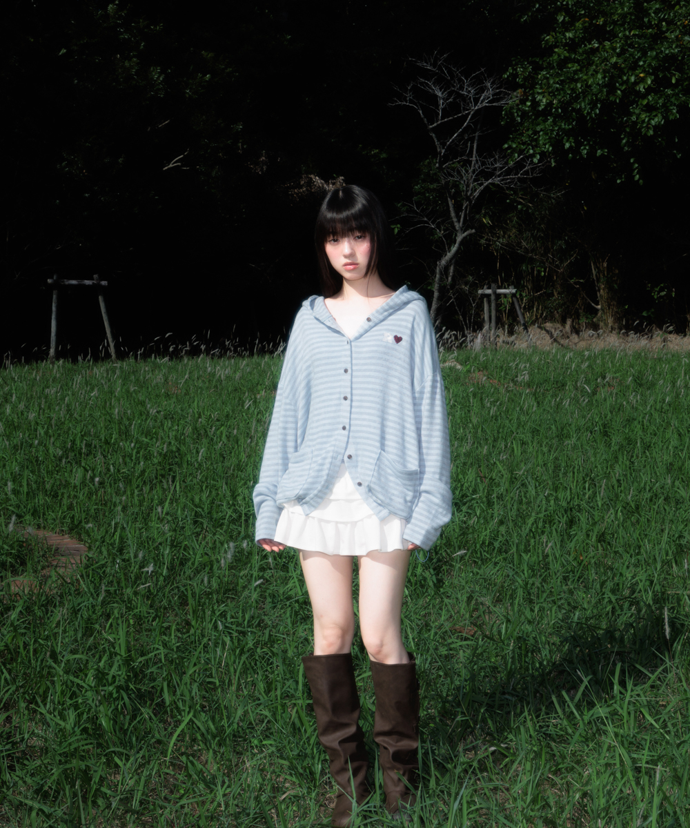 Stripe Heart Hood Cardigan [Sky Blue]