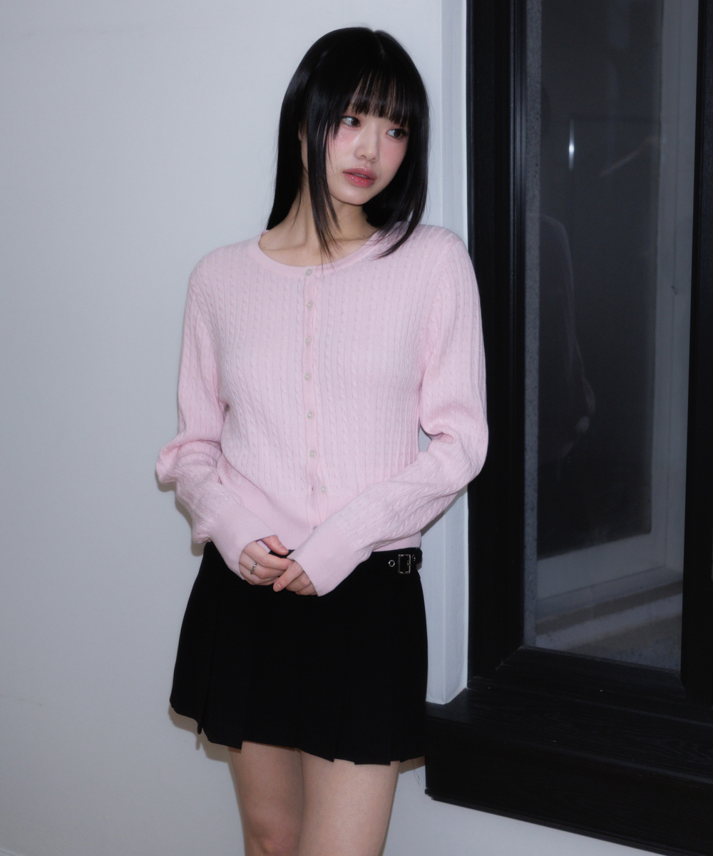 Cable Knit Basic Cardigan [Pink]