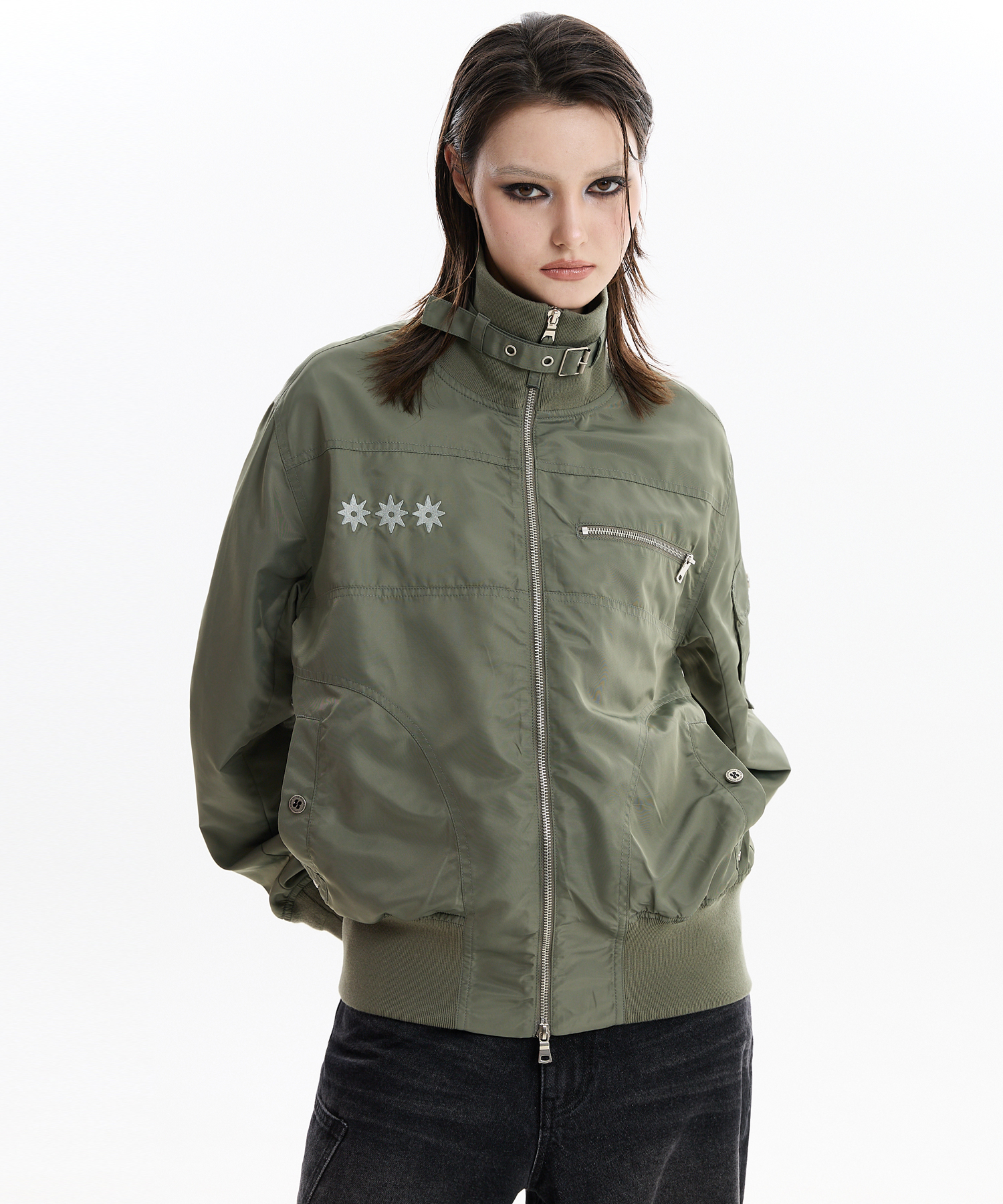 High Neck Bomber Jacket KHAKI