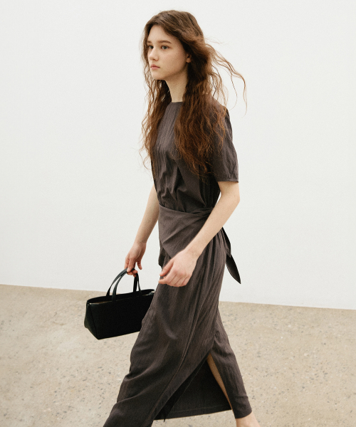 Drape Short Sleeve Long Dress_CHARCOAL thumbnail 4