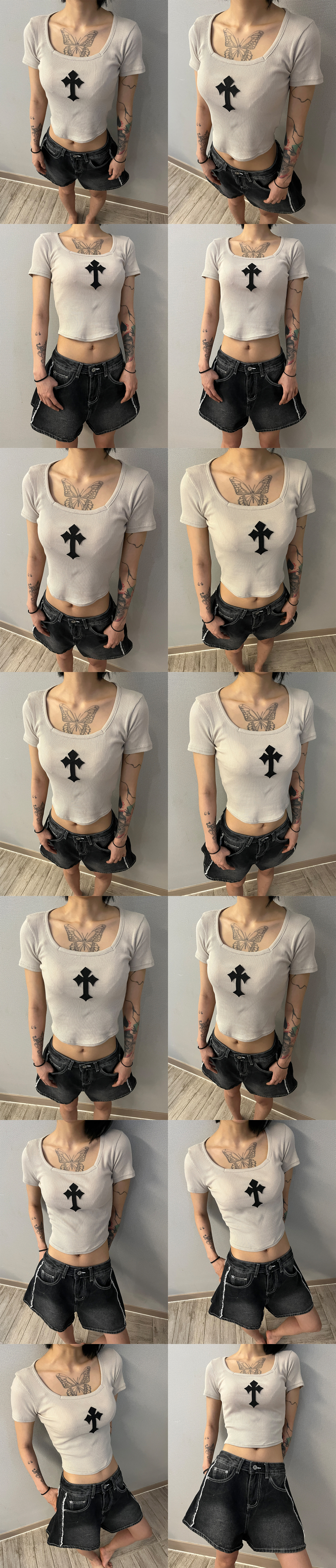 CROSS SQUARE NECK T-SHIRT - 8 COLORS BEIGE