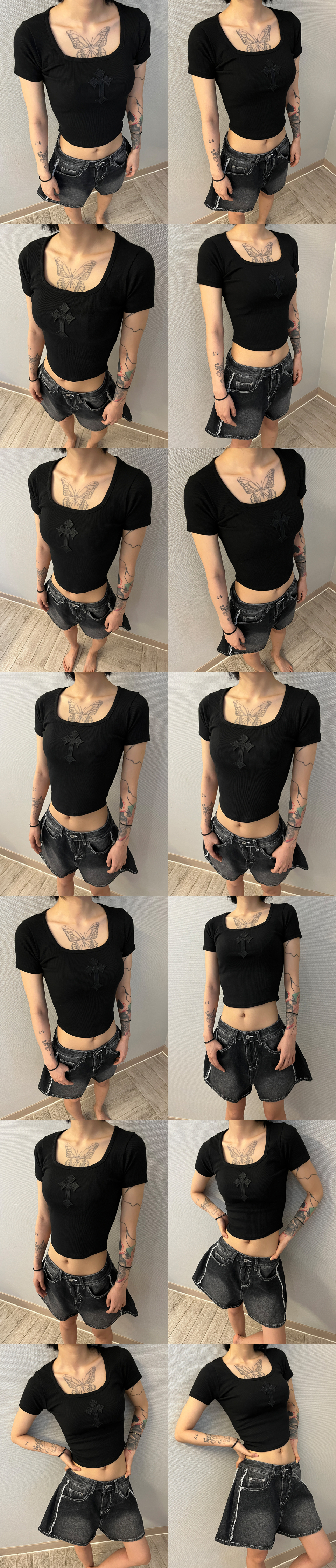 CROSS SQUARE NECK T-SHIRT - 8 COLORS BLACK