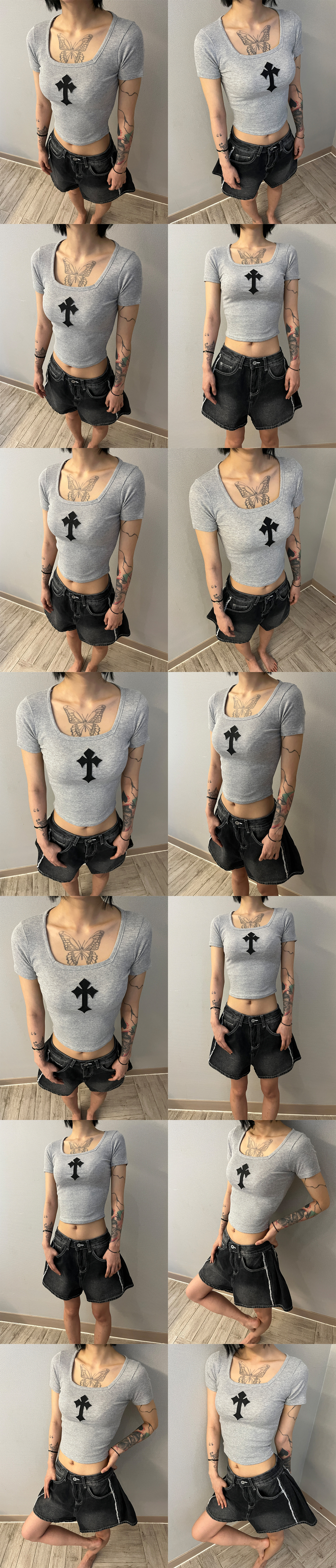 CROSS SQUARE NECK T-SHIRT - 8 COLORS GREY