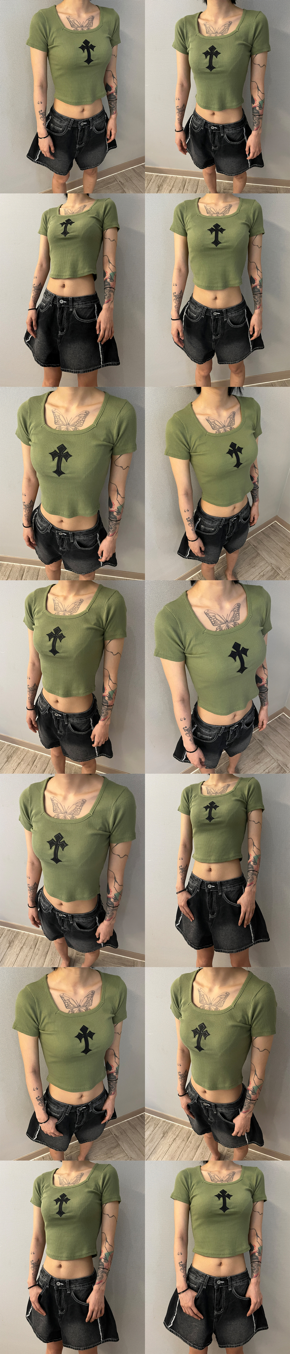 CROSS SQUARE NECK T-SHIRT - 8 COLORS GREEN