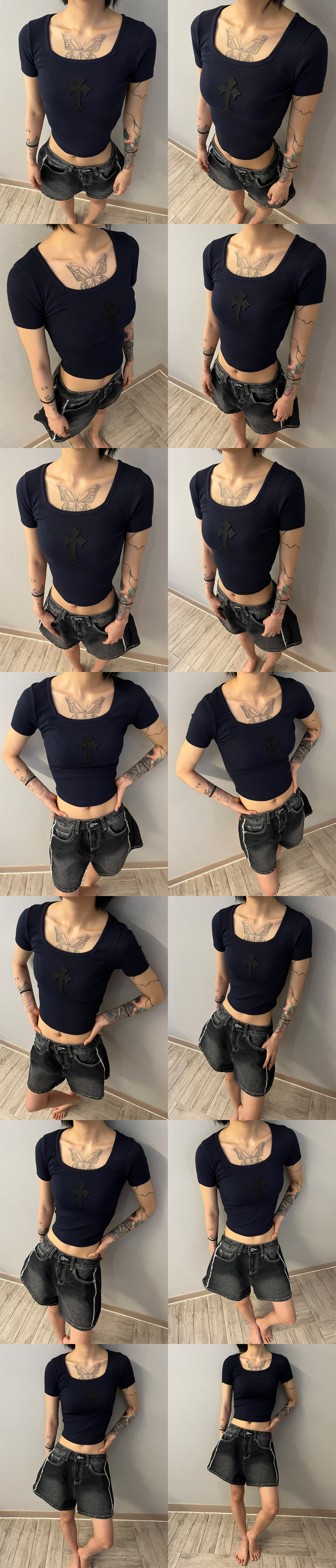 CROSS SQUARE NECK T-SHIRT - 8 COLORS NAVY