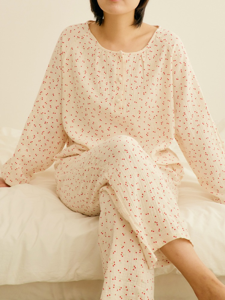 Пижамный комплект из жатого хлопка с вишенками, 3 colors