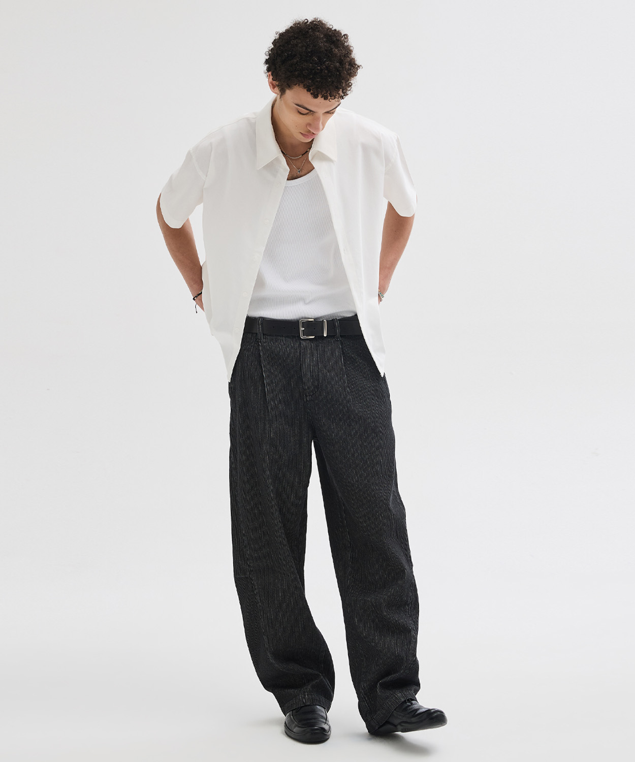 Curved Belted Washed Pants [Stripe]
