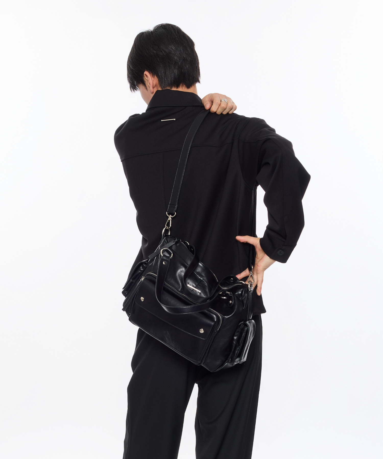 Synthetic Leather Two-Way Shoulder Bag(Black)