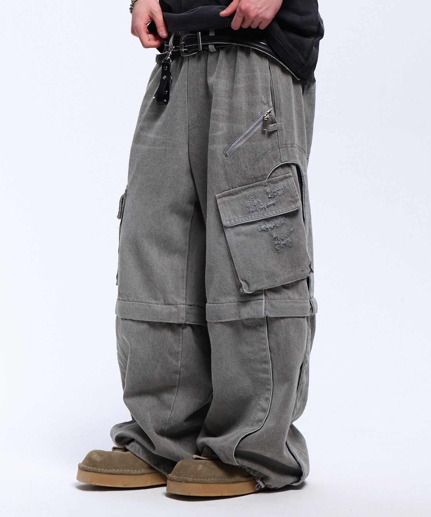 CONVERTIBLE DESTROYED CARGO DENIM PANTS - GRAY