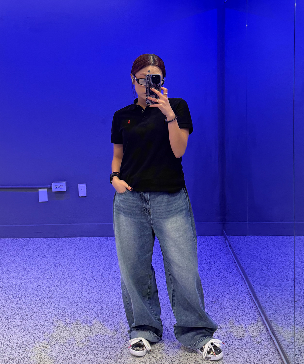 Side pin tuck wide denim pants_blue