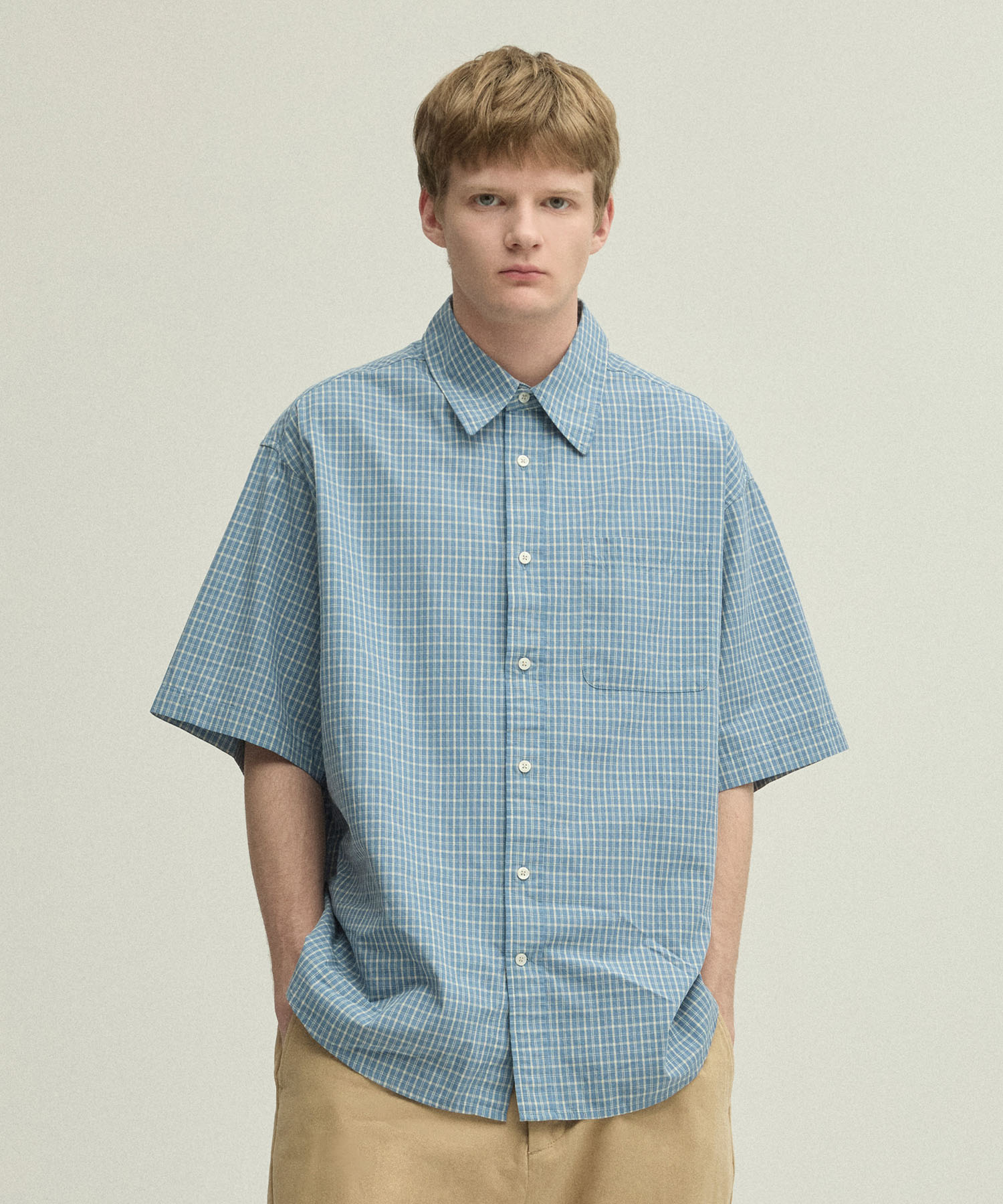 винтажный Cottage Check Half Sleeve рубашка_LIGHT BLUE