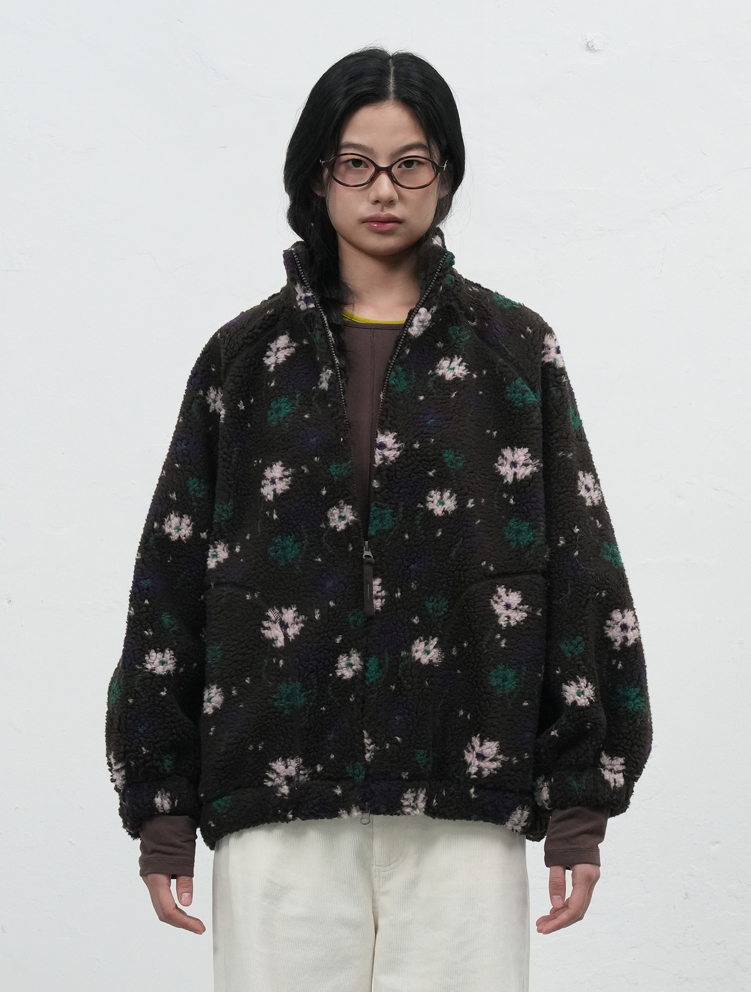 woman flower-patterned fleece jumper [коричневый]