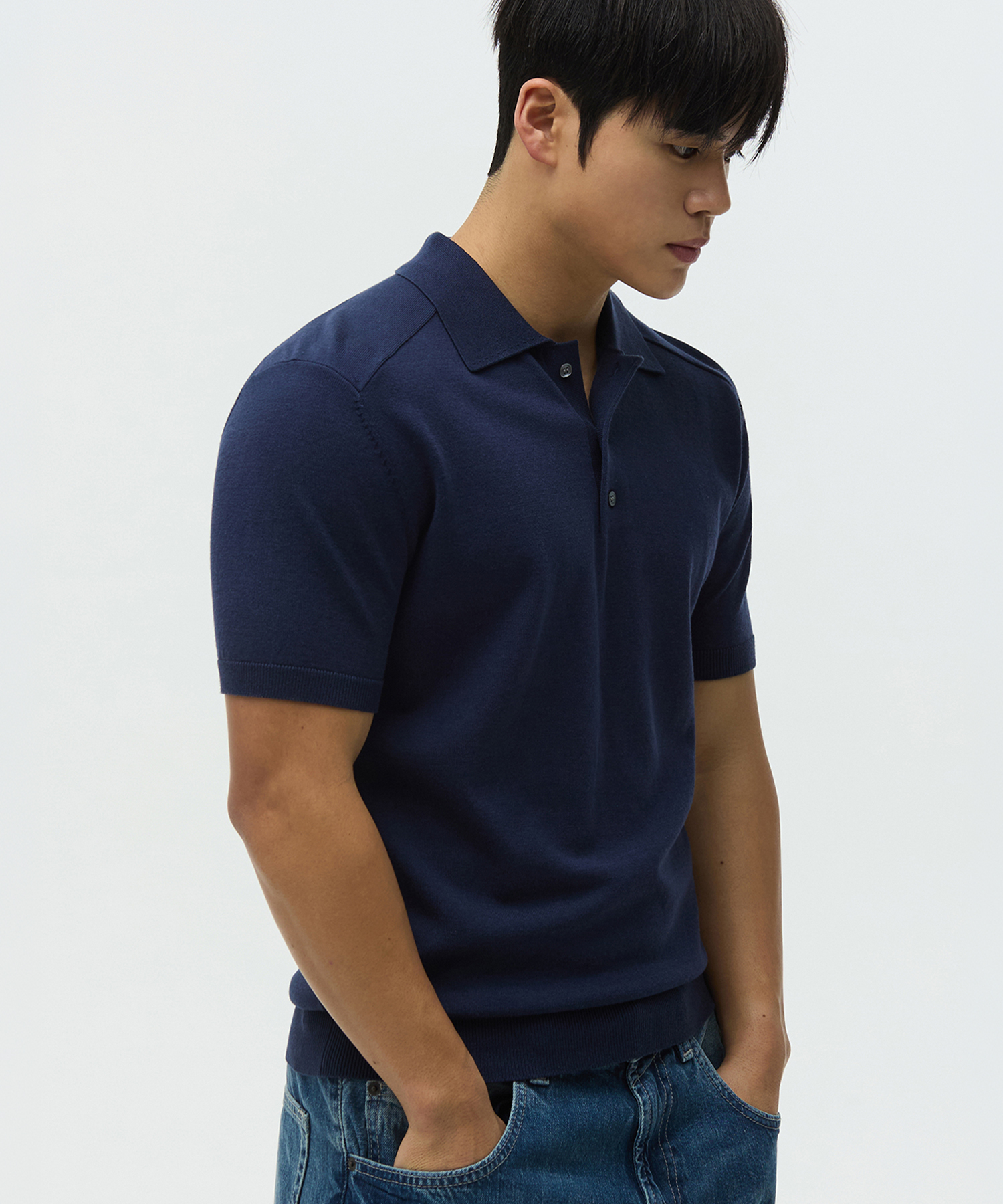 SHOULDER LINE MUSCLE FIT COLLAR вязаный темно-синий