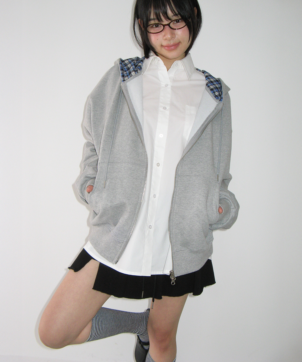 CHECK PATCH HOODIE ZIP UP GREY