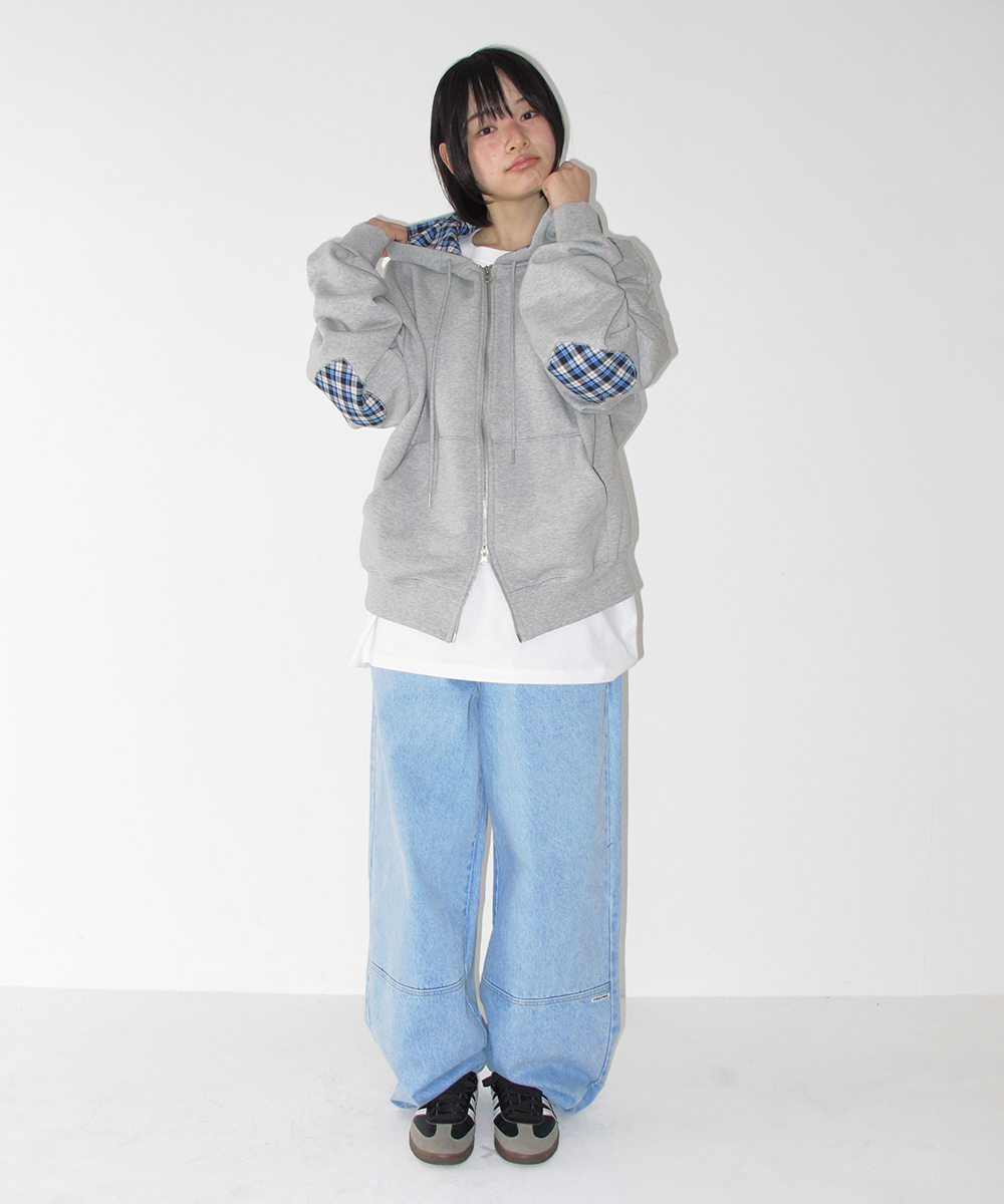 CHECK PATCH HOODIE ZIP UP GREY