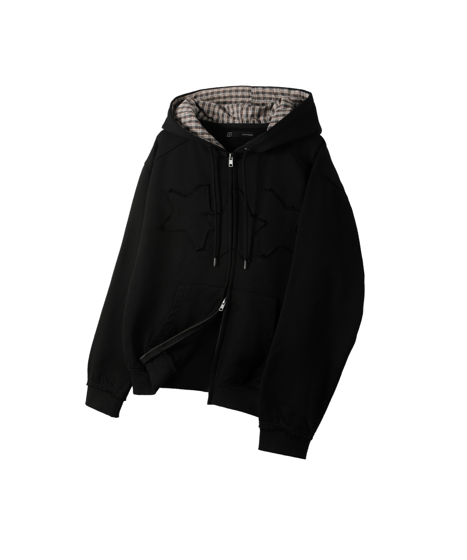 [ Leathery X Anedin ] Star Patch Check Hood Zipup [MELANGE]