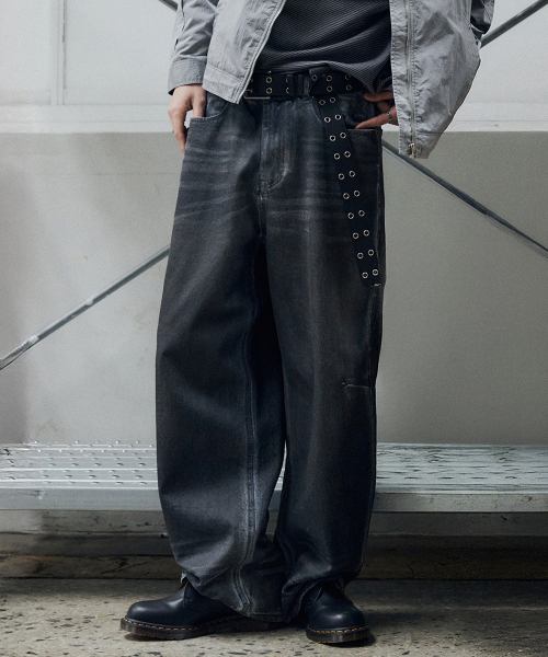 MUSINSA | MAISON MINED DARK WAX COATED DENIM PANTS BLUE