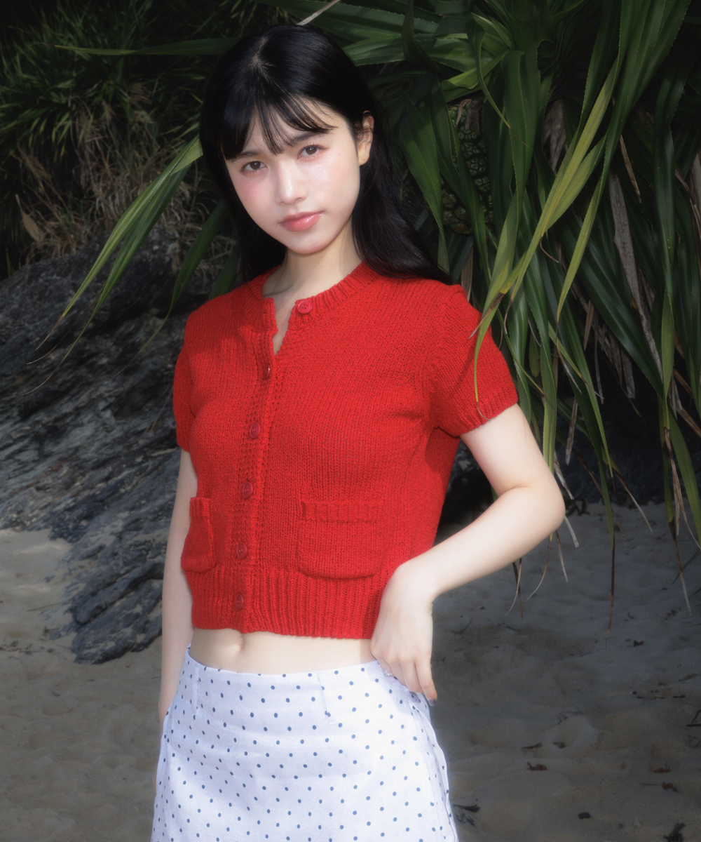 Pocket short sleeve knit cardigan [Red]