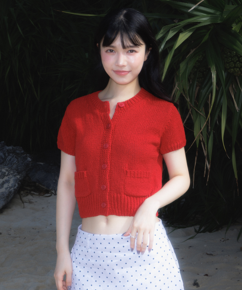 Pocket short sleeve knit cardigan [Red]