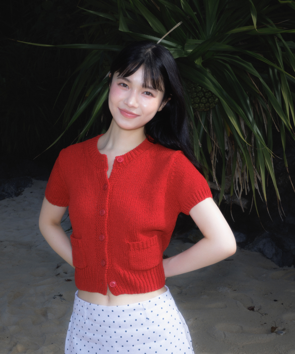 Pocket short sleeve knit cardigan [Red]