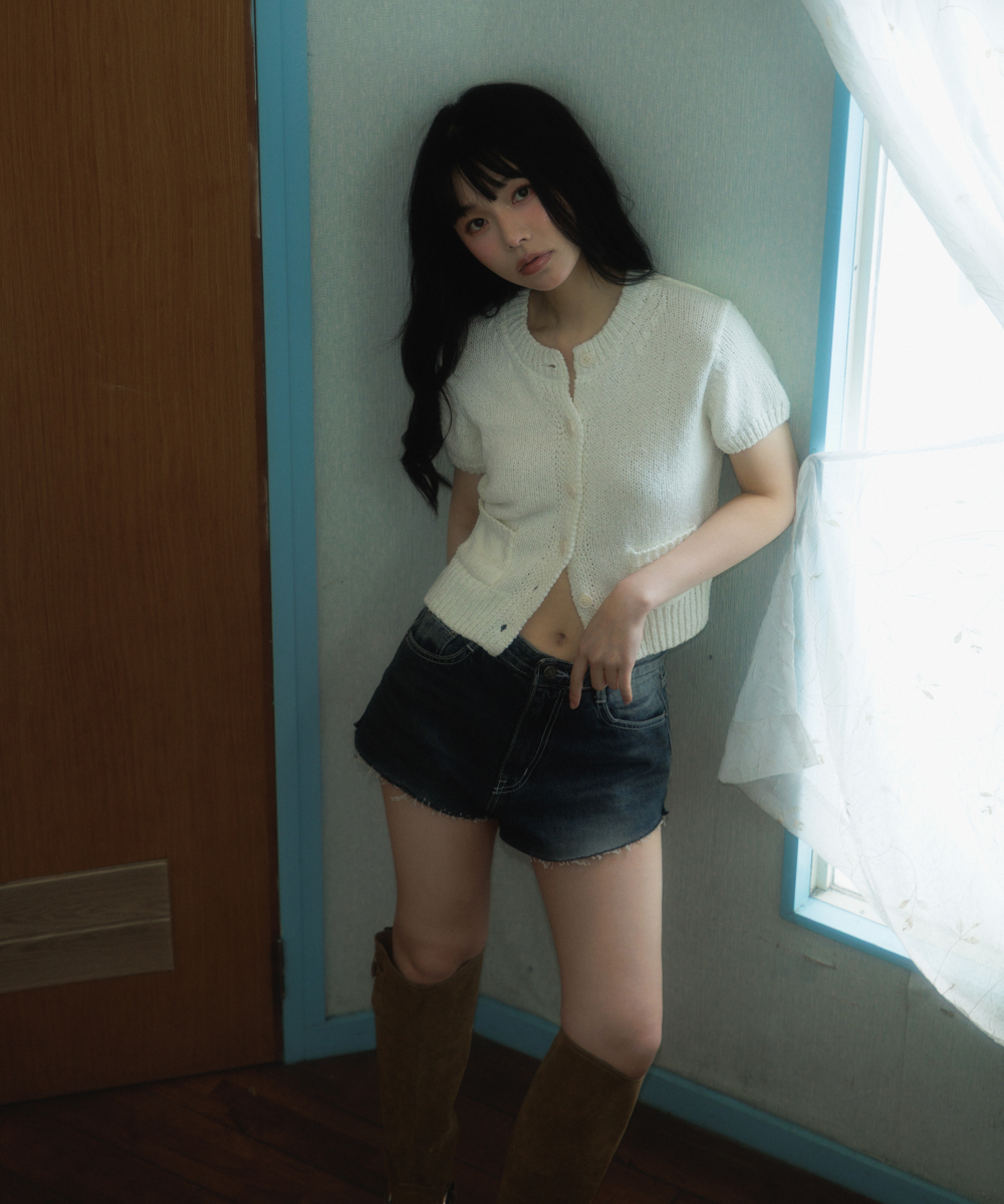 Pocket short sleeve knit cardigan [Ivory]