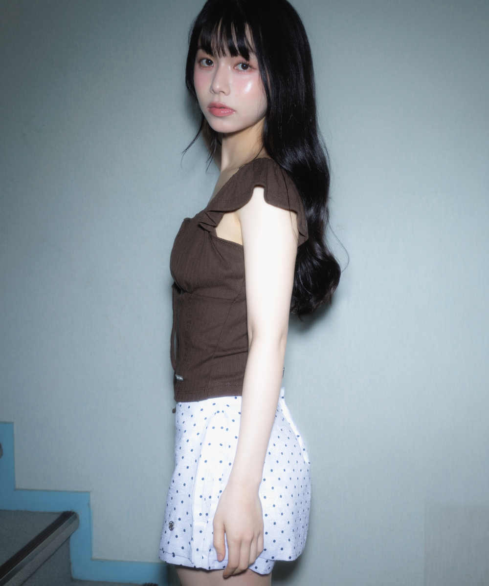 Ribbon Shirring Sleeveless [Brown]
