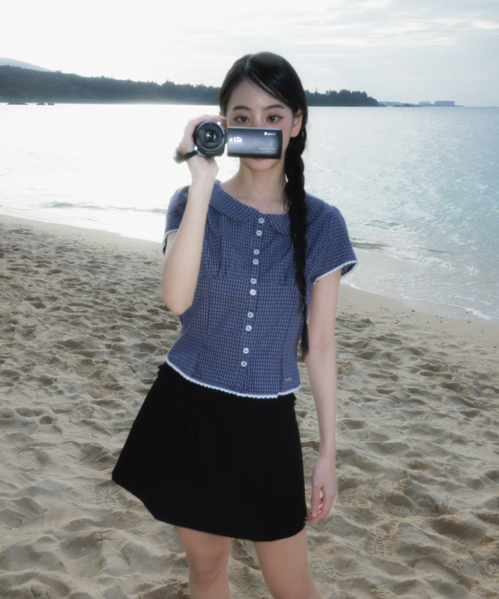 Round Collar Short Sleeve Blouse [Navy]