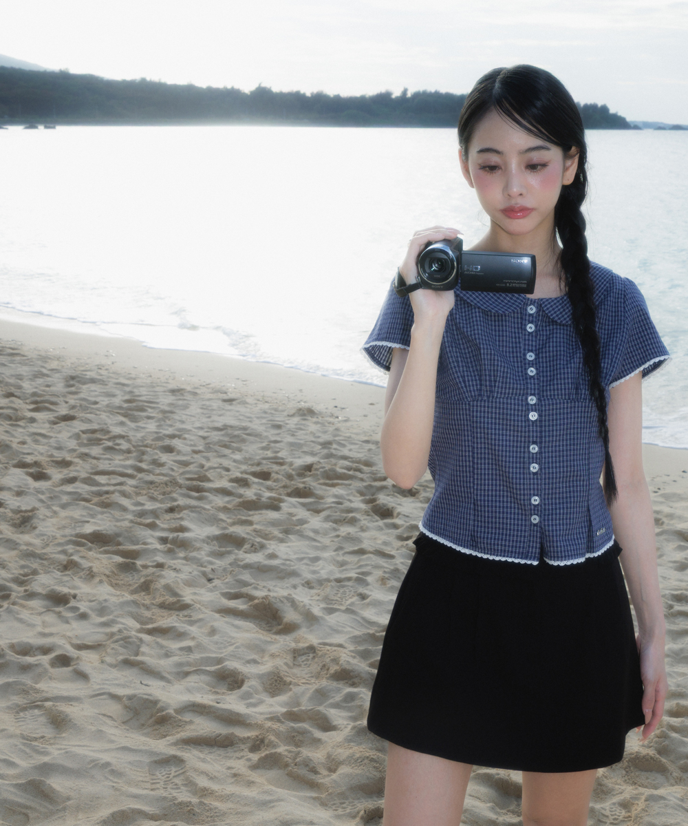 Round Collar Short Sleeve Blouse [Navy]