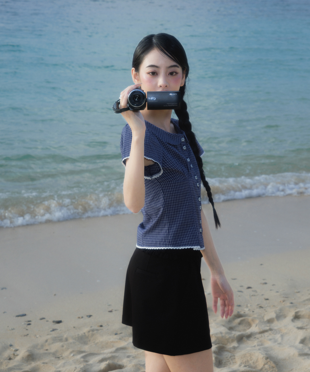 Round Collar Short Sleeve Blouse [Navy]