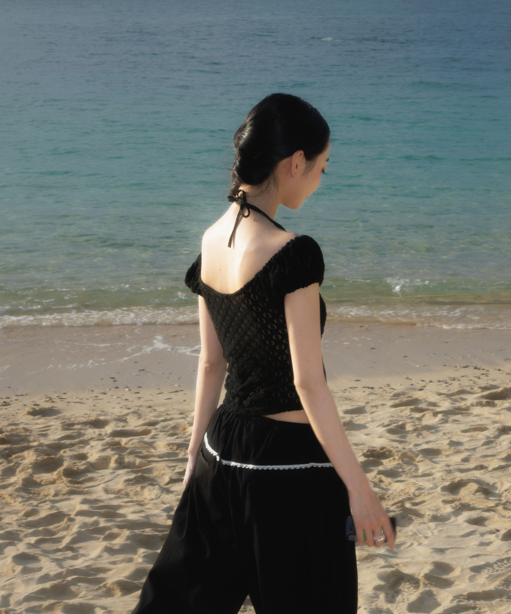 Back Lace Nylon Wide Pants [Black]