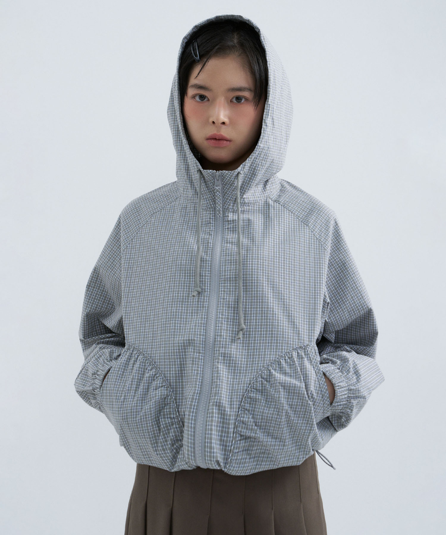 (Women) Реглан худи-куртка в клетку, Light Khaki
