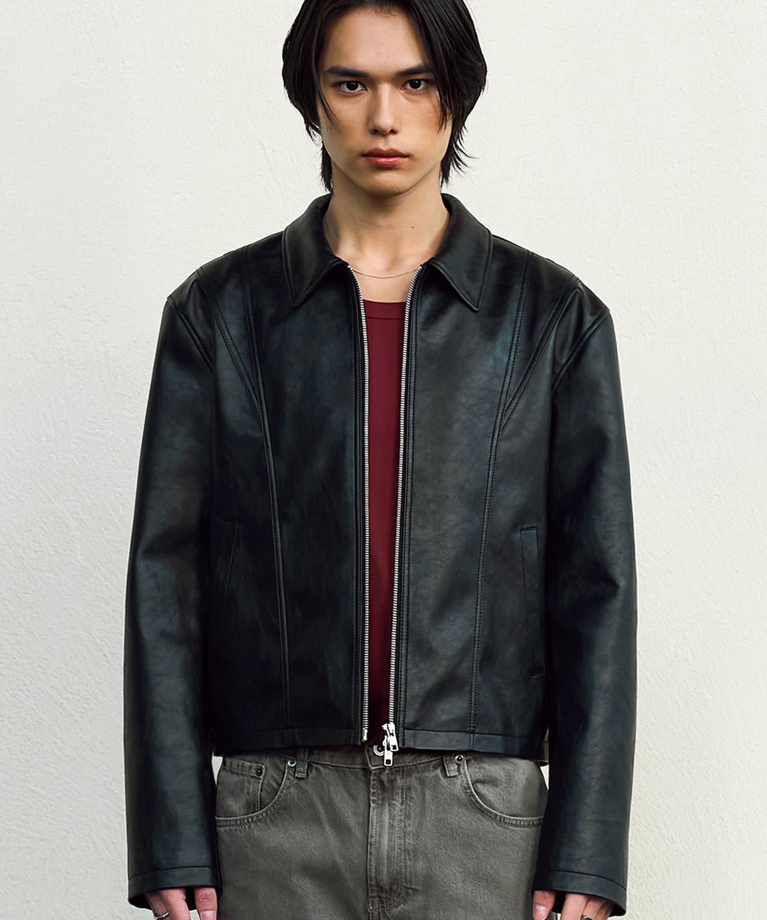 Incision Crop Leather Jacket BLACK