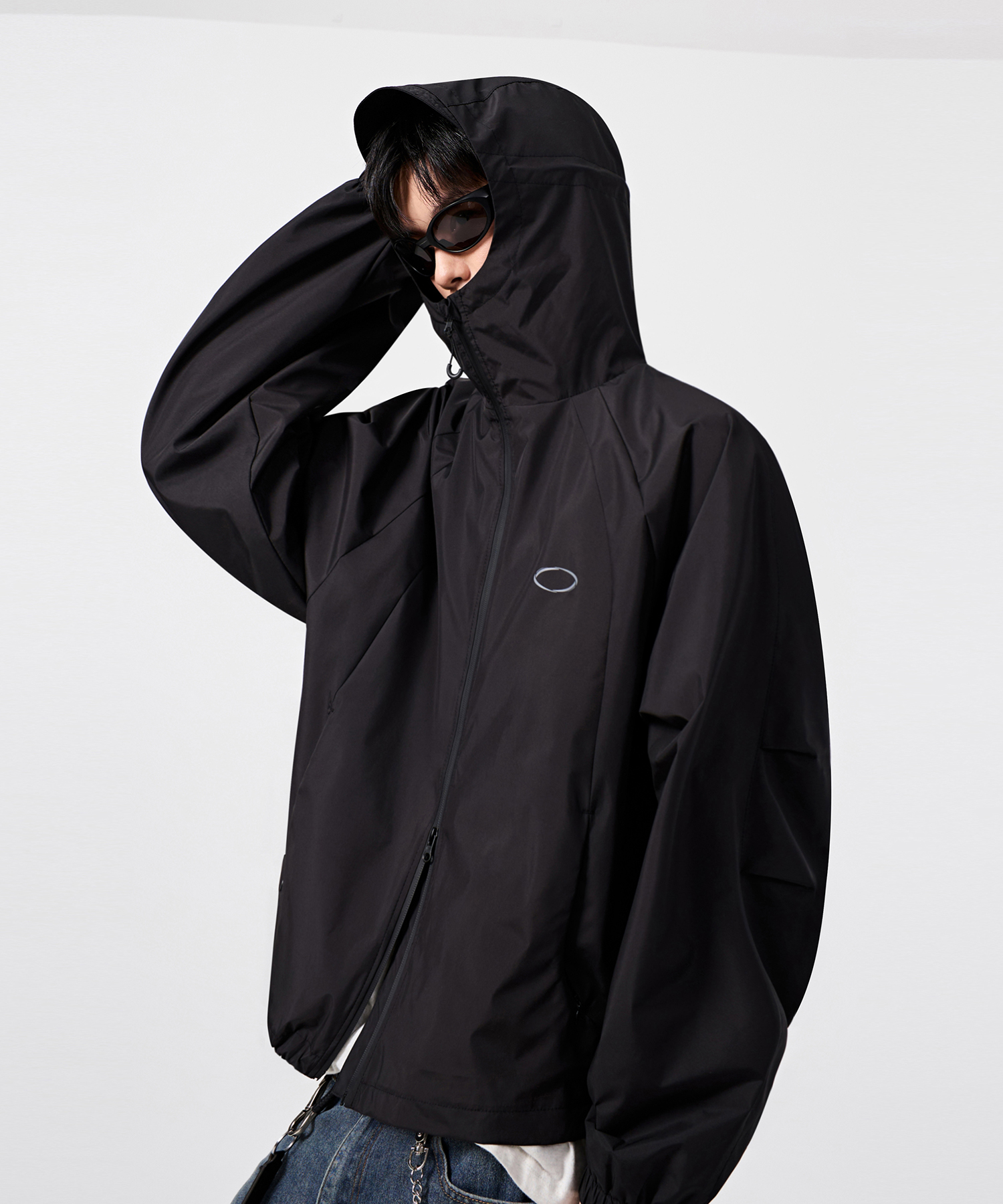 BALACLAVA SLASH HOODED ZIP-UP_WINDBREAKER BLACK