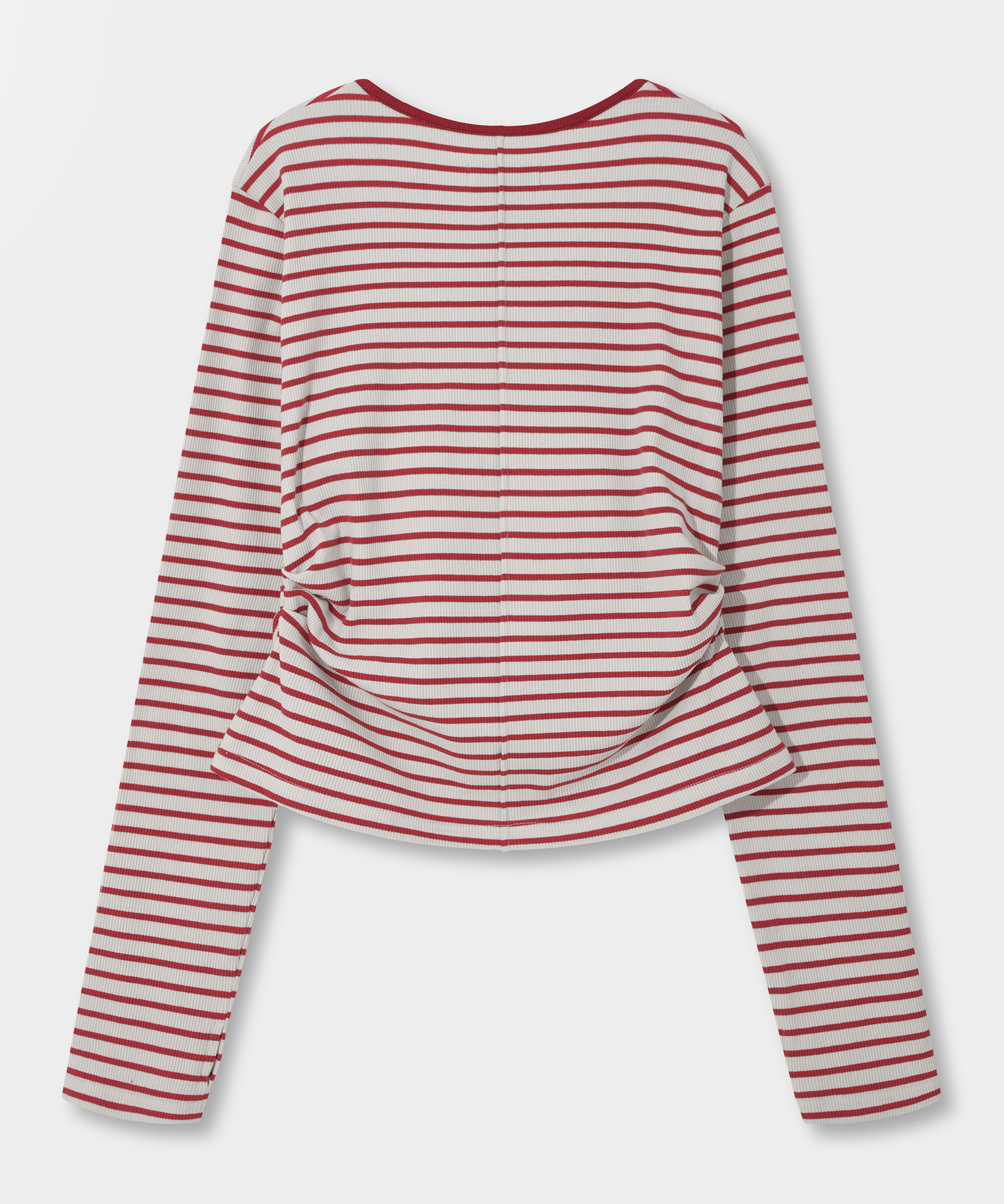 HENLEY NECK SHIRRING LONG SLEEVE T-SHIRT_STRIPE CREAM&RED